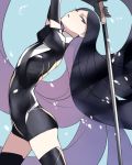  absurdly_long_hair androgynous arched_back ass ban black_eyes black_gloves black_hair black_legwear bodysuit bort cowboy_shot elbow_gloves flat_chest from_side gem_uniform_(houseki_no_kuni) gloves highres holding holding_sword holding_weapon houseki_no_kuni leaning_back long_hair looking_at_viewer parted_lips solo sword thighhighs very_long_hair weapon 