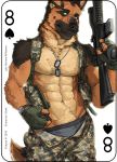  2018 4_fingers abs anthro black_fur black_nose brown_fur camo canine card clothed clothing dog dog_tags fingerless_gloves fonyaa fur german_shepherd gloves green_eyes gun looking_at_viewer male mammal navel pants partially_clothed playing_card pouches ranged_weapon rifle simple_background solo standing tan_fur topless underwear uniform weapon white_background wristwatch 