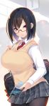  absurdres black_hair bob_cut breasts cellphone commentary_request glasses highres large_breasts looking_at_viewer necktie original phone pleated_skirt purple_eyes school_uniform shiki_(psychedelic_g2) short_hair skirt smartphone solo thighhighs 