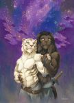  2018 anthro blue_eyes clothed clothing detailed_background duo feline lion male mammal melee_weapon night outside scale_(artist) sky star starry_sky sword tiger topless weapon whiskers 