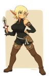  artist_name black_gloves blonde_hair boots breasts brown_background brown_legwear commentary covered_navel cra elbow_gloves evangelyne eyebrows fingerless_gloves freckles full_body gloves green_eyes highres holding holding_sword holding_weapon large_breasts looking_away looking_to_the_side nestkeeper pointy_ears rubilax short_hair simple_background solo standing sword thigh_boots thighhighs wakfu weapon 