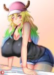  ;) arm_support baseball_cap blonde_hair breasts cleavage closed_mouth collarbone denim denim_shorts dragon_girl gradient_hair green_hair hat horns huge_breasts kobayashi-san_chi_no_maidragon kuuki_(rakam) long_hair looking_at_viewer multicolored_hair one_eye_closed quetzalcoatl_(maidragon) shirt short_shorts shorts smile solo 