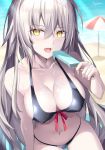  beach beach_umbrella bikini black_bikini blurry blurry_background blush breasts cleavage collarbone covered_nipples day fate/grand_order fate_(series) food food_on_breasts front-tie_top highres jeanne_d'arc_(alter)_(fate) jeanne_d'arc_(fate)_(all) long_hair looking_at_viewer medium_breasts navel open_mouth parasol popsicle rin_yuu signature silver_hair solo sweat swimsuit umbrella yellow_eyes 