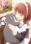  ^_^ apron black_cat broken_vessel brown_hair cat closed_eyes commentary_request hazuki_natsu holding holding_cat maid maid_headdress medium_hair original soft_focus solo 