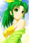  amane_satsuki bare_shoulders bikini breasts cloud cloudy_sky commentary_request day from_below green_eyes green_hair hair_ribbon lens_flare long_hair long_sleeves looking_at_viewer midorikawa_nao off_shoulder ponytail precure ribbon sky smile_precure! solo swimsuit underboob yellow_bikini 