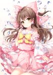  alternate_color bangs blush bow bowtie brown_hair commentary_request detached_sleeves dress eyebrows_visible_through_hair flower frills hair_between_eyes hair_bow hair_tubes hakurei_reimu japanese_clothes long_hair looking_at_viewer miko mochizuki_shiina open_mouth pink_bow pink_dress ribbon-trimmed_sleeves ribbon_trim skirt skirt_set solo touhou water water_drop white_flower white_sleeves wide_sleeves yellow_bow yellow_eyes 