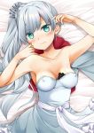  aqua_eyes armor bare_shoulders blush breasts breasts_apart cleavage closed_mouth collarbone commentary_request covered_nipples dress hair_ornament half-closed_eyes long_hair lying on_back ponytail rwby sakura_hanatsumi scar small_breasts solo strapless strapless_dress sweat very_long_hair wavy_mouth weiss_schnee white_hair 