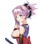  absurdres blue_eyes blush breasts earrings eyebrows_visible_through_hair fate/grand_order fate_(series) from_side hair_ornament hand_gesture highres japanese_clothes jewelry large_breasts looking_at_viewer miyamoto_musashi_(fate/grand_order) pink_hair shi_qi_kuang_beng sideboob simple_background smile solo upper_body white_background 