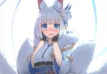  animal_ear_fluff animal_ears azur_lane backlighting bangs black_gloves blue_eyes blunt_bangs blush bob_cut commentary eyebrows_visible_through_hair eyeliner fingerless_gloves flower_knot fox_ears fox_mask fox_tail fur_collar gloves gold_trim hands_on_own_cheeks hands_on_own_face hands_up japanese_clothes kaga_(azur_lane) kimono kitsune long_sleeves looking_at_viewer makeup mask mask_on_head multiple_tails nose_blush obi olive_(laai) open_mouth print_kimono raised_eyebrows rope sash shimenawa short_hair solo tail upper_body white_background white_hair white_kimono 