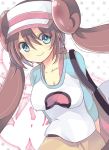  arms_behind_back blue_eyes breasts brown_hair commentary_request double_bun hat long_hair looking_at_viewer mei_(pokemon) pantyhose pokemon pokemon_(game) pokemon_bw2 raglan_sleeves rento_(rukeai) skirt smile solo star starry_background twintails yellow_skirt 