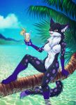  2018 5_fingers anthro black_fur breasts brown_eyes day detailed_background digital_media_(artwork) feline female fur holding_object imanika mammal navel nipples nude outside partially_submerged pussy sky smile solo white_fur 