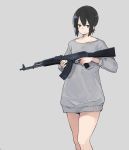  ak-47 akagawa007 assault_rifle black_hair blue_eyes gun highres holding holding_gun holding_weapon no_pants original rifle short_hair simple_background solo sweater trigger_discipline weapon 