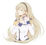  blonde_hair blue_eyes boots breasts celia_kumani_entory drill_hair earrings epaulettes hairband highres jewelry k-kun long_hair military military_uniform simple_background smile solo uniform upper_body very_long_hair walkure_romanze white_background 