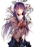  artist_name blood blood_on_face blood_splatter bloody_clothes blue_skirt constricted_pupils crazy_eyes crazy_smile doki_doki_literature_club eyeball eyebrows_visible_through_hair flower grin hair_between_eyes hair_ornament hairclip hazu_t highres lily_(flower) long_hair looking_at_viewer object_namesake pen pleated_skirt purple_eyes purple_hair school_uniform skirt smile solo very_long_hair yuri_(doki_doki_literature_club) 