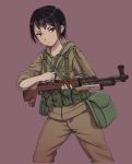  bayonet black_hair brown_eyes dark_skin gun highres holding holding_gun holding_weapon load_bearing_equipment military military_uniform nikolai_ezhov original short_hair simple_background sks solo type_56_carbine uniform weapon 