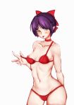  :p arm_behind_back bangs bow bow_panties bra breasts cat_girl choker closed_mouth collarbone cowboy_shot gegege_no_kitarou hair_bow highres lace lace-trimmed_bra light_smile looking_at_viewer navel nekomusume nekomusume_(gegege_no_kitarou_6) nipples panties pointy_ears purple_hair red_bow red_bra red_choker red_panties selarz short_hair simple_background small_breasts standing strap_slip string_panties tongue tongue_out underwear white_background yellow_eyes 