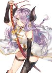  asymmetrical_gloves between_legs black_gloves blue_eyes braid breasts coattails commentary_request draph elbow_gloves french_braid gloves granblue_fantasy hair_over_one_eye highres hinahino horns katana large_breasts lavender_hair long_hair looking_at_viewer narmaya_(granblue_fantasy) scabbard sheath single_thighhigh solo sword thigh_strap thighhighs unsheathing weapon 