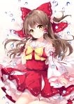  bangs blush bow bowtie brown_hair commentary_request detached_sleeves eyebrows_visible_through_hair flower frills hair_between_eyes hair_bow hair_tubes hakurei_reimu japanese_clothes long_hair looking_at_viewer miko mochizuki_shiina open_mouth red_bow ribbon-trimmed_sleeves ribbon_trim skirt skirt_set solo touhou water water_drop white_flower wide_sleeves yellow_bow yellow_eyes 