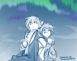  2018 anthro aurora_borealis back_to_back beverage blue_background canine chest_tuft clothed clothing cup duo english_text feline female fur hi_res holding_object hybrid kathrin_(twokinds) keidran looking_up male mammal monochrome night open_jacket outside simple_background sketch sky smile spots spotted_fur star steam text tom_fischbach tuft twokinds webcomic wolf zen_(twokinds) 