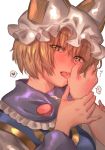  blonde_hair commentary eyebrows_visible_through_hair frilled_shirt_collar frills hand_on_another's_arm hand_on_another's_head hat heart highres licking looking_at_viewer masanaga_(tsukasa) mob_cap saliva short_hair spoken_heart spoken_sweatdrop sweatdrop tongue tongue_out touhou yakumo_ran yellow_eyes 