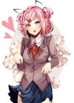 animal_ears artist_name blue_skirt cat_ears commentary doki_doki_literature_club drawn_ears fang flower flower_request hair_ribbon hazu_t heart looking_at_viewer natsuki_(doki_doki_literature_club) open_mouth pink_eyes pink_hair red_ribbon ribbon school_uniform short_hair skirt solo two_side_up 