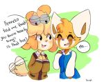  2018 aggressive_retsuko animal_crossing bell blush canine clothed clothing cute_fangs dialogue dog duo english_text excited female fully_clothed hand_on_chest isabelle_(animal_crossing) kaluwadee mammal nintendo red_panda retsuko shih_tzu shy signature simple_background speech_bubble sweat sweatdrop tailwag text video_games 