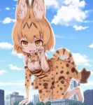  :d animal_ears animal_print bangs bare_shoulders belt black_belt blue_sky blurry bow bowtie breasts building cloud day depth_of_field eyebrows eyebrows_visible_through_hair eyelashes fang giantess gloves hair_between_eyes hand_up high-waist_skirt kemono_friends kolshica medium_breasts multicolored multicolored_bow multicolored_clothes multicolored_gloves multicolored_hair multicolored_legwear multicolored_neckwear multicolored_skirt open_mouth orange_bow orange_eyes orange_gloves orange_hair orange_legwear orange_neckwear orange_skirt outdoors paw_pose serval_(kemono_friends) serval_ears serval_print serval_tail shirt short_hair skirt sky sleeveless sleeveless_shirt smile solo striped_tail tail thighhighs tree white_bow white_gloves white_legwear white_neckwear white_shirt zettai_ryouiki 