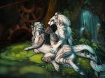  2018 4_toes blue_eyes braided_hair charr day detailed_background feline female female/female fingering grass guild_wars hair horn jackrow maara mammal moss nude open_mouth outside pussy rock teeth toes video_games water waterfall white_hair 