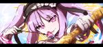  :p absurdres arrow bangs black_hairband blurry blurry_foreground bow_(weapon) bridal_gauntlets closed_mouth commentary_request depth_of_field euryale eyebrows_visible_through_hair fate/grand_order fate/hollow_ataraxia fate_(series) flower frilled_hairband frills hairband head_tilt heart heart_arrow highres holding holding_arrow holding_bow_(weapon) holding_weapon jewelry looking_at_viewer parted_bangs pink_eyes protected_link purple_hair rose sketch smile solo tongue tongue_out wada_kazu weapon white_flower white_rose 