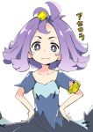  :3 acerola_(pokemon) armlet character_name dress elite_four flipped_hair hair_ornament hands_on_hips ixy multicolored multicolored_clothes multicolored_dress pokemon pokemon_(game) pokemon_sm purple_hair short_hair simple_background solo stitches trial_captain white_background 