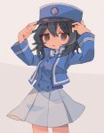  adjusting_clothes adjusting_hat andou_(girls_und_panzer) bad_id bad_pixiv_id bangs bc_freedom_(emblem) bc_freedom_military_uniform black_hair blue_hat blue_jacket blue_vest brown_eyes cowboy_shot daizu_(melon-lemon) dark_skin dress_shirt emblem frown girls_und_panzer grey_background hat high_collar jacket long_sleeves looking_at_viewer medium_hair messy_hair military military_hat military_uniform miniskirt parted_lips pleated_skirt shako_cap shirt skirt solo standing uniform vest white_shirt white_skirt 