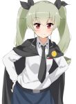  anchovy anzio_school_uniform bangs belt black_belt black_cape black_neckwear black_ribbon black_skirt cape closed_mouth commentary dress_shirt drill_hair emblem eyebrows_visible_through_hair girls_und_panzer green_hair hair_ribbon hands_on_hips highres kohakope long_hair long_sleeves looking_at_viewer miniskirt necktie red_eyes ribbon school_uniform shirt simple_background skirt smile solo standing twin_drills twintails upper_body white_background white_shirt wing_collar 