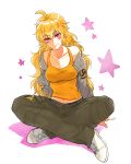  amputee baggy_pants blonde_hair breasts chuu cleavage commentary_request jacket long_hair navel pants purple_eyes rwby shoes singlet sitting smile sneakers solo yang_xiao_long 