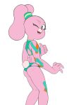  2018 5_fingers aged_up anais_watterson anthro blue_eyes buckteeth cartoon_network clothing drockdraw female fur lagomorph looking_at_viewer mammal one_eye_closed pink_fur rabbit rabbit_tail rear_view simple_background smile standing swimsuit teeth the_amazing_world_of_gumball thumbs_up white_background wink 