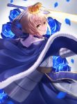  armor armored_dress artoria_pendragon_(all) blonde_hair blue_cape blue_dress cape crown dress excalibur fate/stay_night fate_(series) fur_trim highres holding holding_sword holding_weapon mini_crown saber short_hair solo standing sword towana weapon yellow_eyes 