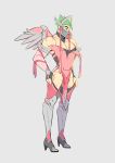  boots commentary cosplay elbow_gloves fingerless_gloves genji_(overwatch) gloves green_hair grey_background high_heel_boots high_heels highleg kyuey looking_down male_focus mask mechanical_wings mercy_(overwatch) mercy_(overwatch)_(cosplay) overwatch pink_mercy pulling scar simple_background strap_slip thighhighs wings young_genji 