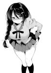  absurdres animetta bakemonogatari blush braid breasts commentary_request embarrassed glasses greyscale hair_ornament hairclip hanekawa_tsubasa highres kizumonogatari large_breasts long_hair monochrome monogatari_(series) school_uniform skirt socks solo standing 