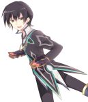  black_hair black_jacket black_pants blue_footwear boots brown_eyes brown_gloves from_behind gloves jacket jude_mathis long_sleeves looking_at_viewer male_focus open_mouth pants rento_(rukeai) simple_background smile solo tales_of_(series) tales_of_xillia white_background 