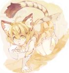  all_fours animal_ears back_bow bare_shoulders blonde_hair bow cat_ears cat_tail commentary_request elbow_gloves eyebrows_visible_through_hair finger_licking frilled_skirt frills gloves kemono_friends konabetate licking multicolored_hair sand_cat_(kemono_friends) short_hair skirt solo tail thighhighs vest yellow_eyes 