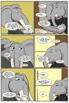  2018 anthro clothed clothing comic dialogue elephant english_text eyes_closed father male mammal mature_male parent ragdoll_(study_partners) son speech_bubble study_partners text thunderouserections trunk tusks young 