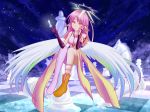  angel_wings breasts canwu_dao cleavage commentary_request crop_top feathered_wings gloves gradient_hair halo jibril_(no_game_no_life) long_hair low_wings magic_circle medium_breasts mismatched_legwear multicolored multicolored_eyes multicolored_hair no_game_no_life orange_eyes pink_hair shoes single_shoe smile solo tattoo very_long_hair white_wings wing_ears wings yellow_eyes 