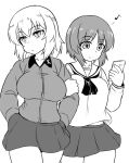  absurdres bangs blouse breasts cellphone closed_mouth couple cowboy_shot dress_shirt eighth_note eyebrows_visible_through_hair frown girls_und_panzer greyscale hands_in_pockets highres holding holding_cellphone holding_phone itsumi_erika kuromorimine_school_uniform large_breasts locked_arms long_hair long_sleeves looking_away miniskirt monochrome multiple_girls musical_note neckerchief nishizumi_miho ooarai_school_uniform phone pleated_skirt school_uniform serafuku shanaharuhi shirt short_hair skirt smartphone smile standing walking yuri 