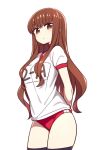  arms_behind_back bangs black_legwear breasts brown_eyes brown_hair buruma chan_co commentary_request cowboy_shot dot_nose eyebrows_visible_through_hair fate/extra fate_(series) gym_uniform hair_over_breasts kishinami_hakuno_(female) long_hair looking_at_viewer medium_breasts sidelocks simple_background solo thighhighs wavy_hair white_background 