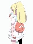  backpack bag blonde_hair food from_behind green_eyes holding holding_poke_ball kueru_(yuuki_tamerawanai) lillie_(pokemon) long_hair looking_back poke_ball poke_ball_(generic) pokemon pokemon_(game) pokemon_sm ponytail popsicle shirt short_sleeves simple_background skirt solo white_background white_shirt white_skirt 