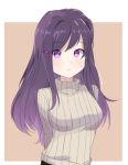  arms_behind_back casual chocomiru commentary doki_doki_literature_club english_commentary eyebrows_visible_through_hair eyes_visible_through_hair hair_ornament hairclip long_hair looking_at_viewer open_mouth purple_hair ribbed_sweater simple_background solo sweater upper_body yuri_(doki_doki_literature_club) 