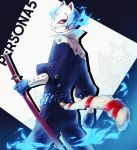  black_pants blue_gloves blue_hair copyright_name fake_tail fire fox_mask fox_tail from_behind gloves holding holding_sword holding_weapon katana kitagawa_yuusuke looking_at_viewer looking_back male_focus mask pants persona persona_5 sheath sheathed solo standing star sword tail wai weapon 