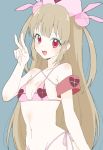  absurdres armband bikini blush bunny_hair_ornament donguri_suzume fang hair_ornament hat heart highres light_brown_hair long_hair looking_at_viewer natori_sana navel nurse_cap open_mouth pink_hat red_eyes sana_channel solo swimsuit two_side_up v very_long_hair virtual_youtuber 