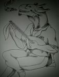  absurd_res anthro clothed clothing dragon fangs greyscale guitar hi_res lemon lomos male monochrome musical_instrument musical_note open_mouth primrose solo tongue 
