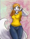  2013 abstract_background anthro blonde_hair breasts cat clothed clothing digital_media_(artwork) english_text feline female front_view hair hi_res long_hair looking_away mammal scarlet-frost solo text 