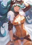  arm_up aviator_irelia belt blue_eyes blue_hair breasts cleavage cowboy_shot fur_trim gloves goggles goggles_on_head groin irelia kirsos league_of_legends long_hair medium_breasts pilot_helmet pilot_suit scarf unzipped very_long_hair 